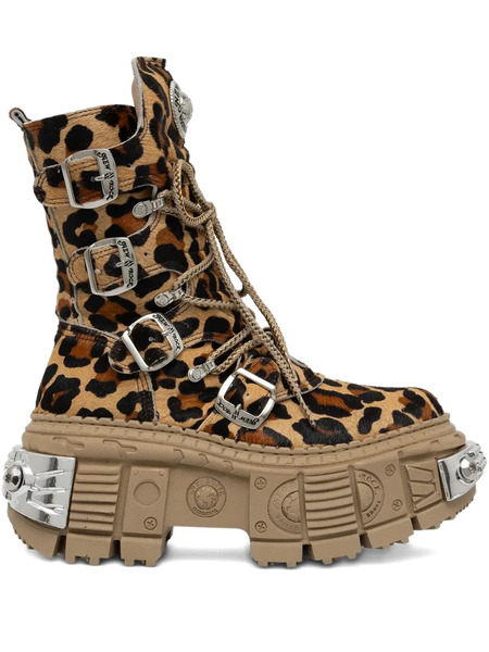  New Rock 100mm Leopard Print Buckled Combat Boots - Brown 