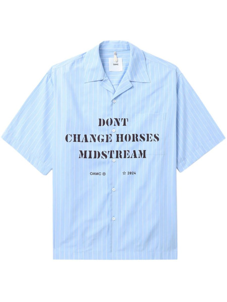  Oamc Striped Slogan-print Shirt - Blue 