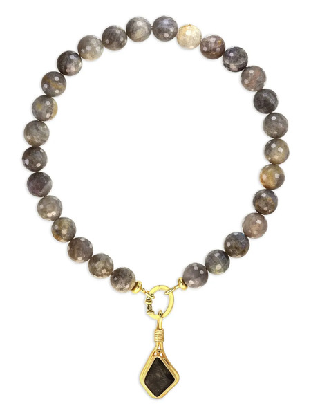  Obsidian Beaded Pendant Necklace - Grey 
