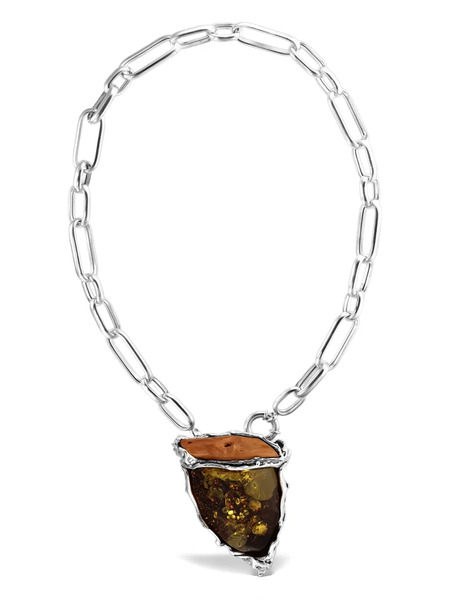  Obsidian Stone Pendant Necklace - Silver 