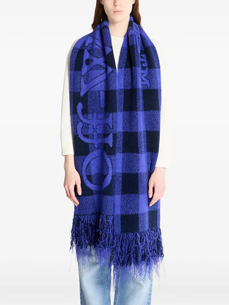  Off-white Check-pattern Fringed Scarf - Blue 