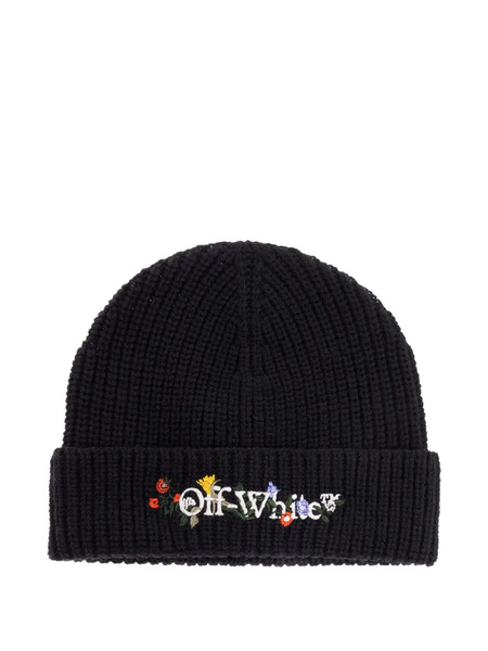  Off-white Floral-embroidered Ribbed Beanie Hat - Black 
