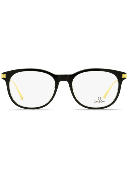  Omega Eyewear Round-frame Engraved-logo Glasses - Black 