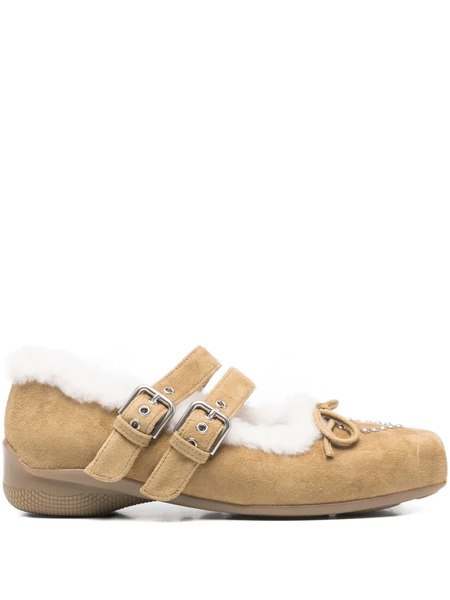  Open Yy Shearling Heart-stud Ballet Flats - Brown 