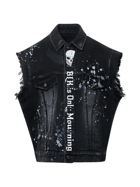  Ordinary Couture Code Skull Biker Denim Vest - Black 