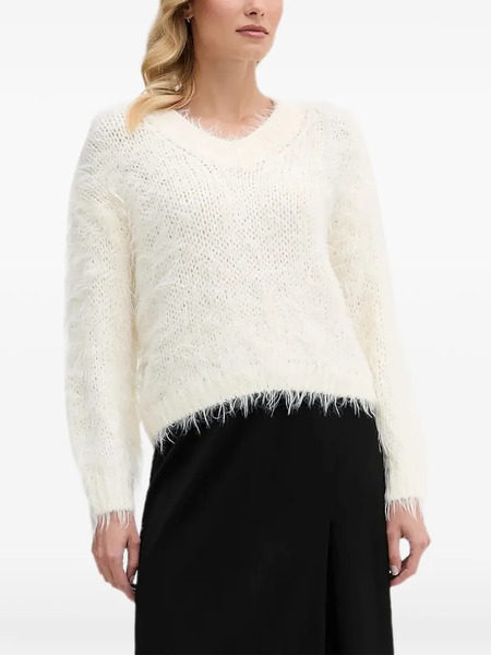  Oui Fluffy V-neck Sweater - White 