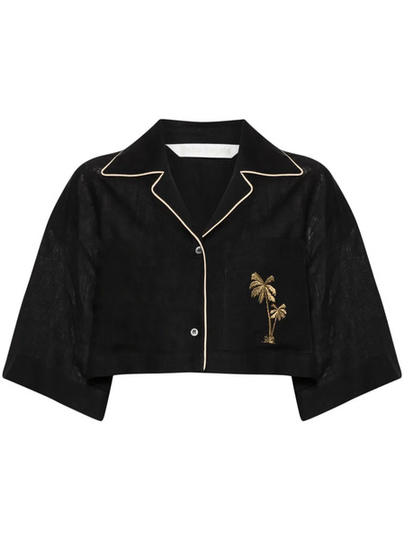  Palm Angels Cropped Linen Bowling Shirt - Black 