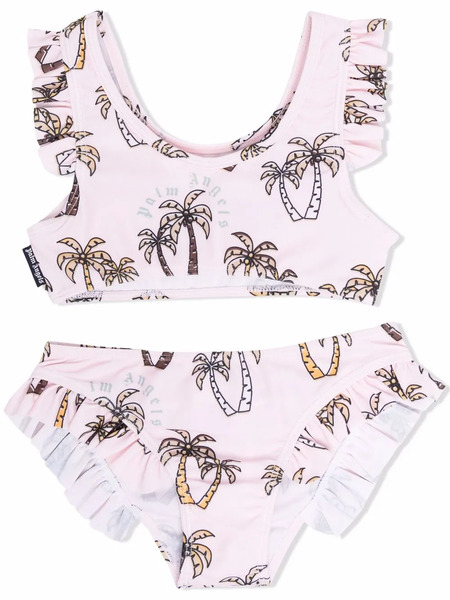  Palm Angels Kids Palm-tree Print Ruffled Bikini - Pink 