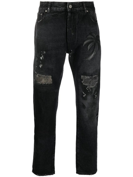  Palm Angels Palm Tree-patch Straight-leg Jeans - Black 