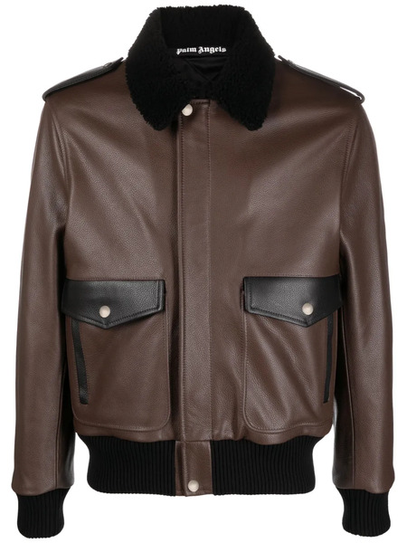 Palm Angels Racing Aviator Leather Jacket - Brown 