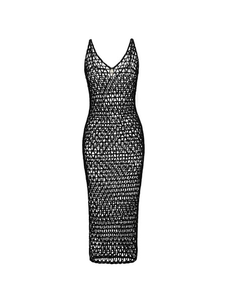  Paramidonna Crochet V-neck Midi Dress - Black 