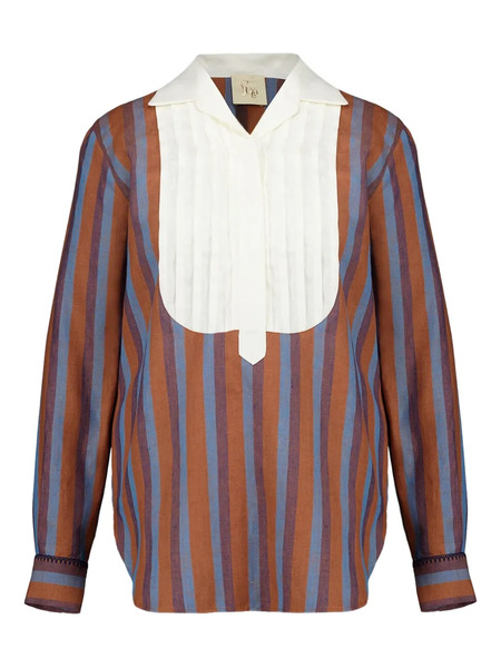  Paula Bella Striped Pleated-bib Blouse - Orange 