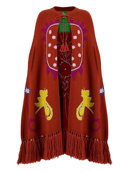  Paula Hand-embroidered Fringe Cape - Orange 