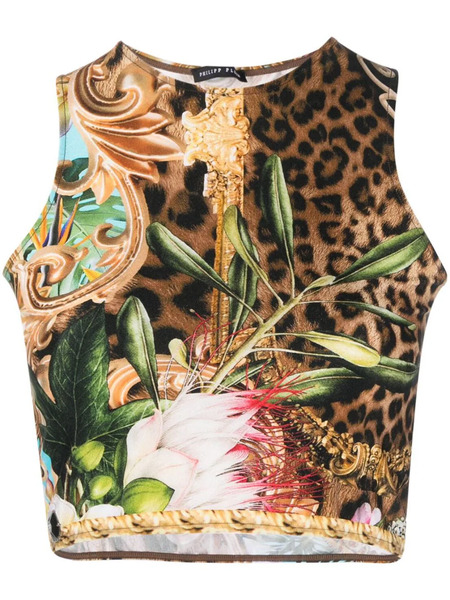  Philipp Plein Baroque Flowers Cropped Top - Brown 