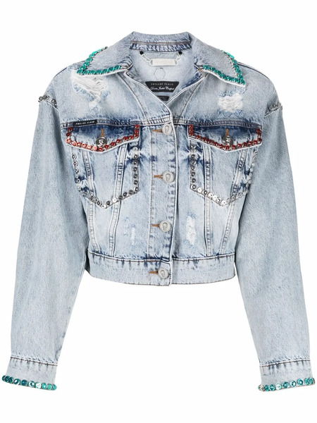  Philipp Plein Crystal-embellished Distressed Denim Jacket - Blue 