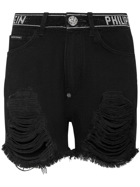 Philipp Plein Crystal-embellished Raw-cut Denim Shorts - Black 