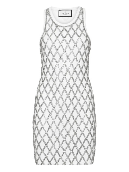  Philipp Plein Crystal Net Mini Dress - White 