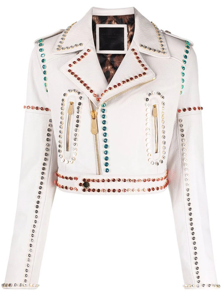  Philipp Plein Crystal-trim Studded Cropped Biker Jacket - White 