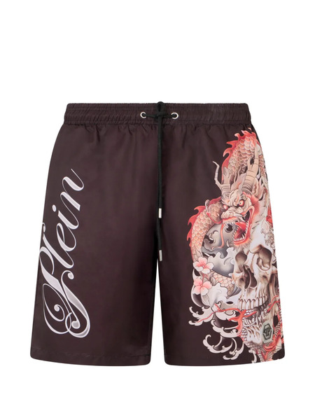  Philipp Plein Drago- Print Swim Shorts - Brown 