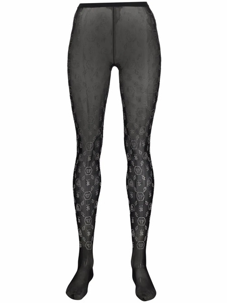  Philipp Plein Embellished Monogram-print Tights - Black 