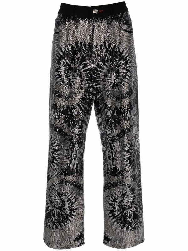  Philipp Plein Embellished Wide-leg Jeans - Black 