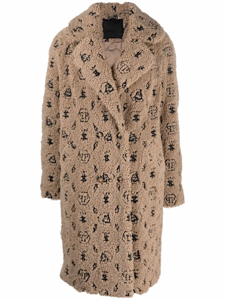  Philipp Plein Embroidered Monogram Faux-shearling Coat - Neutrals 