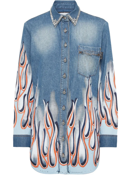  Philipp Plein Flame Racing Denim Shirt - Blue 