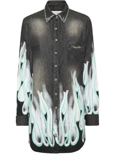  Philipp Plein Flame Racing Denim Shirt - Grey 