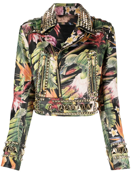  Philipp Plein Floral-print Studded Biker Jacket - Green 