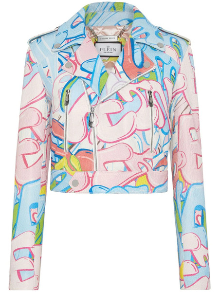  Philipp Plein Graffiti-logo Cropped Leather Biker Jacket - Blue 