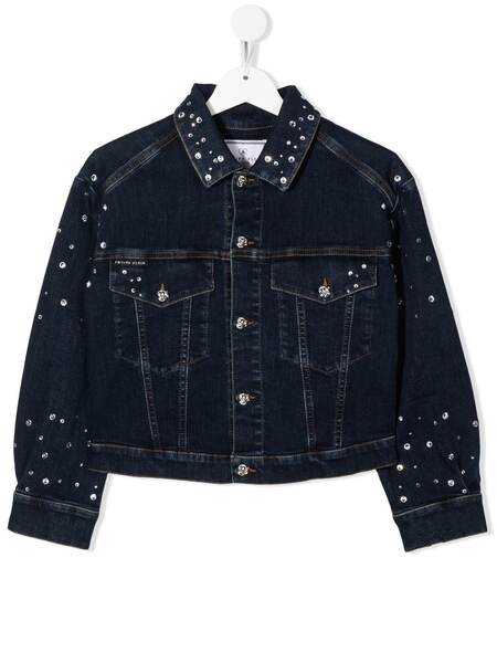  Philipp Plein Junior Crystal-embellished Four-pocket Denim Jacket - Blue 