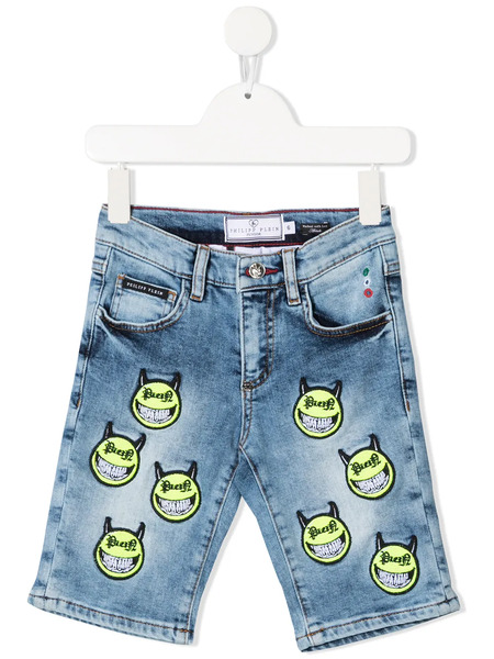  Philipp Plein Junior Embroidered Evil Smiley Denim Shorts - Blue 