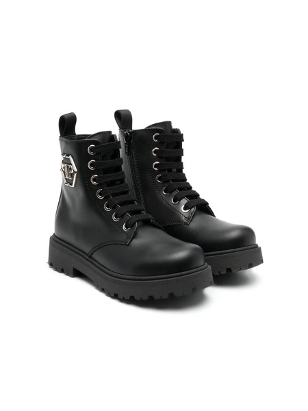  Philipp Plein Junior Hexagon Logo Leather Boots - Black 