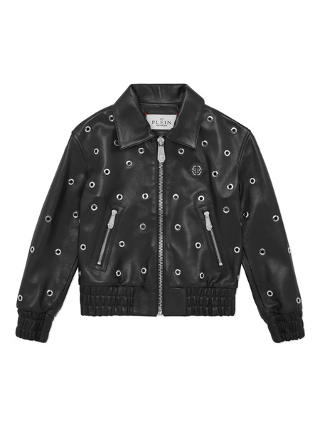  Philipp Plein Junior Leather Bomber Jacket - Black 