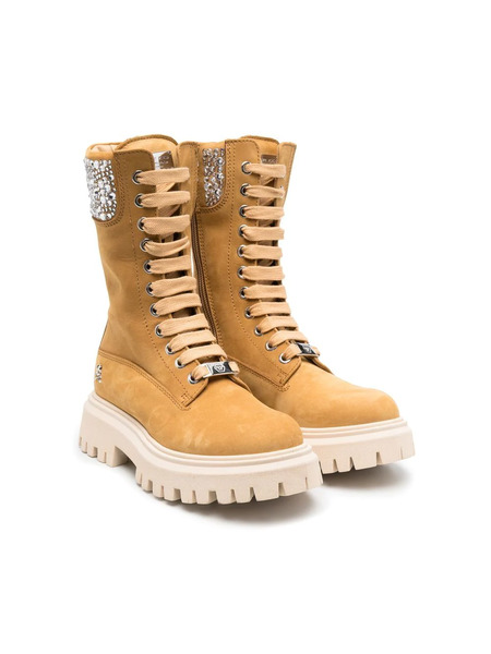  Philipp Plein Junior Nabuk Rhinestone Lace-up Boots - Brown 