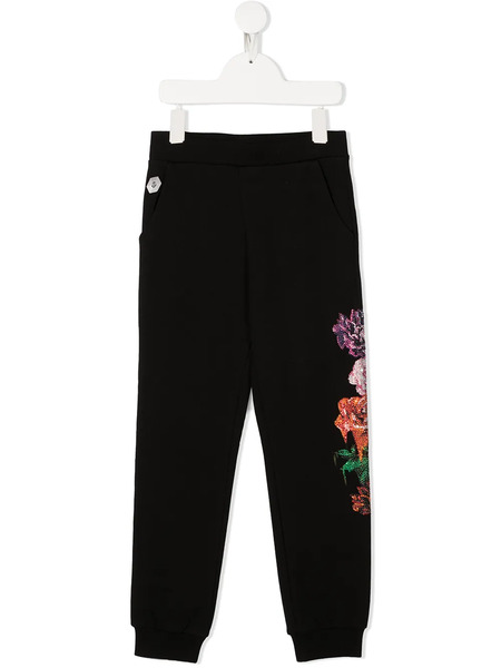  Philipp Plein Junior Rhinestone Floral Print Trousers - Black 
