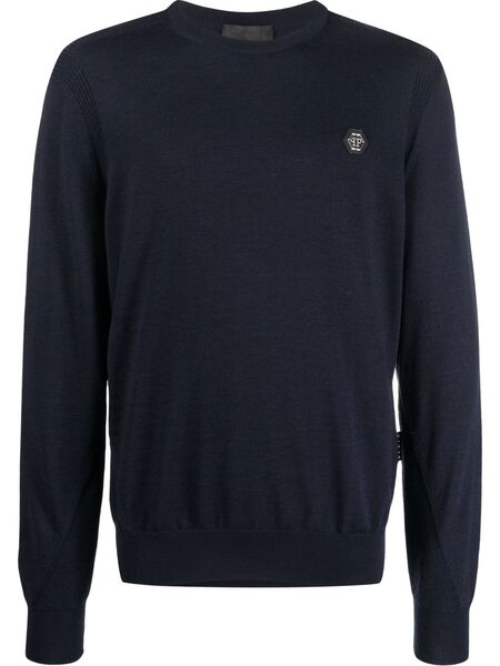  Philipp Plein Logo Patch Merino Wool Jumper - Blue 