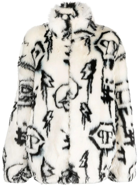  Philipp Plein Monogram-print Faux Fur Coat - White 