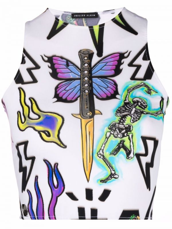 Philipp Plein Monogram Tattoo Crop Top - White 
