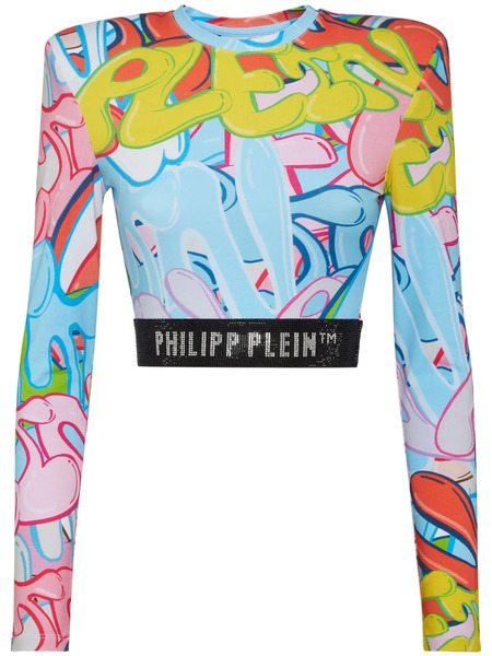  Philipp Plein Padded Shoulder Cropped Top Ls Bombing Graffiti - Blue 