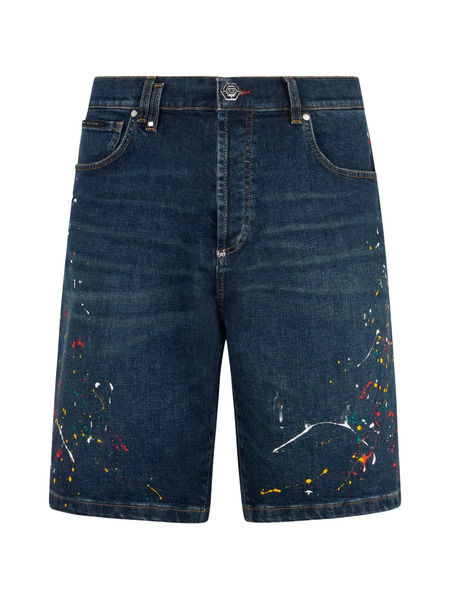  Philipp Plein Paint-splatter-effect Denim Shorts - Blue 