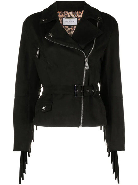  Philipp Plein Star Studded Fringed Biker Jacket - Black 