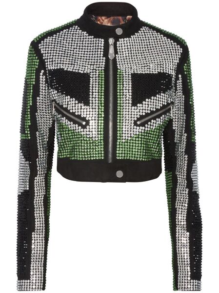  Philipp Plein Strass Cropped Biker Jacket - Silver 