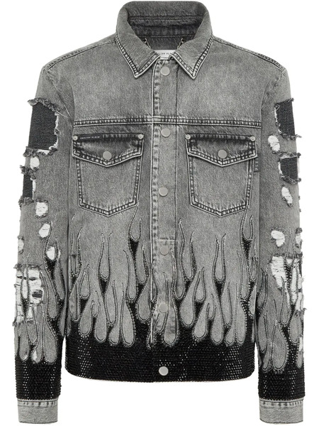  Philipp Plein Strass Flame Oversize Denim Jacket - Grey 