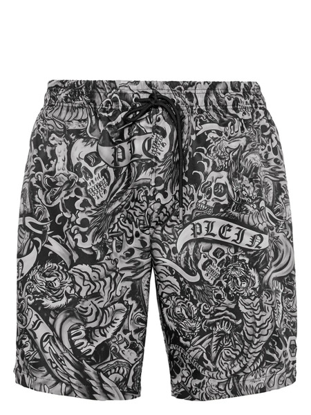  Philipp Plein Tattoo-print Drawstring Swim Shorts - Black 