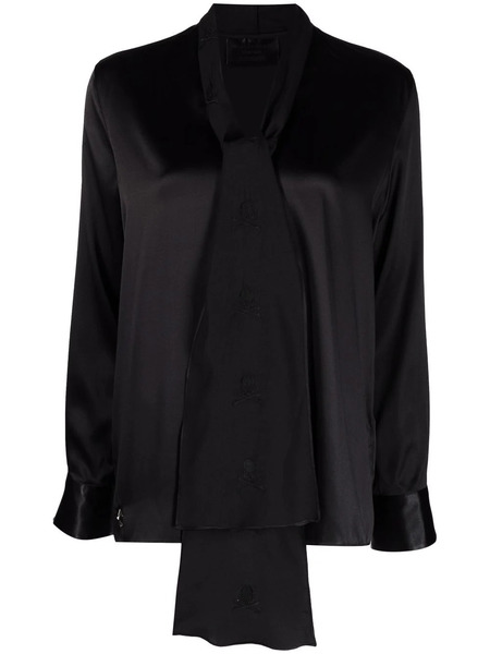  Philipp Plein V-neck Pussybow Silk Blouse - Black 