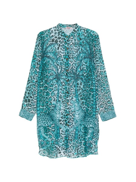  Pin Up Stars Leopard Print Shirt Dresse - Blue 