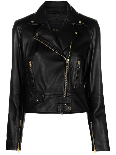  Pinko Cropped Leather Biker Jacket - Black 