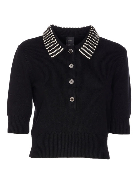  Pinko Crystal-collar Half-zip Cropped Sweater - Black 