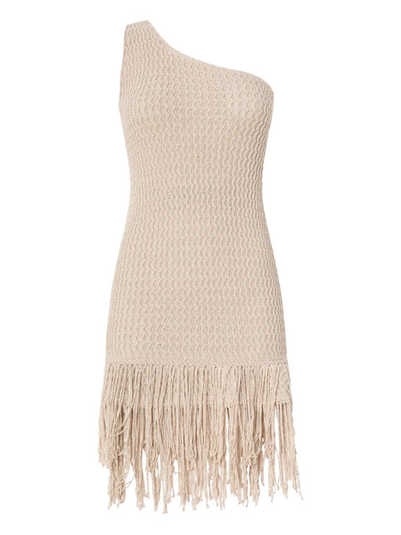  Pinko One-shoulder Fringed-hem Mini Dress - Neutrals 